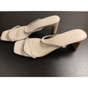 Faryl Nude Rhinestone Square Toe Block Heel Sandals Womens Size 14 Beige Mules